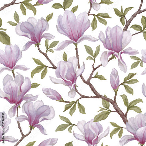 Hand painted acrylic illustrations of magnolia flowers. Seamless pattern design. Perfect for fabrics, wallpapers, clothes, home textile, packaging design and other prints (ID: 767946799)