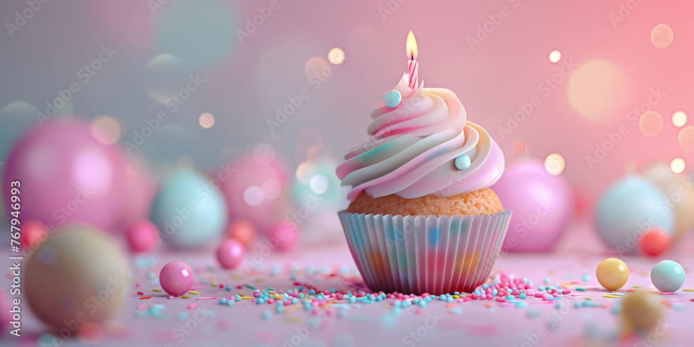 A cute cupcake with a candle on a birthday background , copy space concept, banner	
