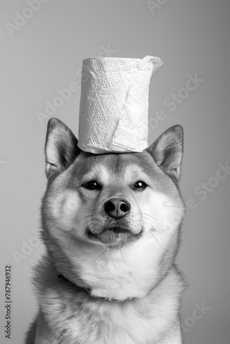 Dog with a toilet paper on its head, black and white photography made with Generative AI