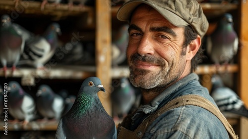 Senior man, pigeon breeder holds purebred pigeon in his hands