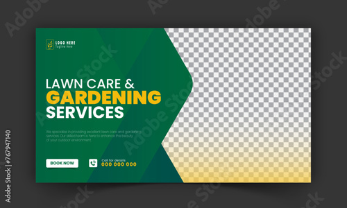 Corporate lawn care and gardening or landscaping service live stream YouTube video thumbnail design, lawn mower, gardening, promotion, social media post template, abstract green, yellow color shapes
