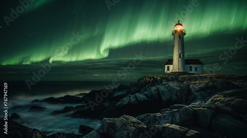 Guiding Light: Lighthouse on Coastal Shore with Aurora Borealis Sky. Generative ai