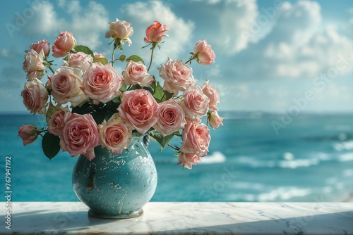 bouquet of roses in a vase against azzure sea background. Generative ai photo