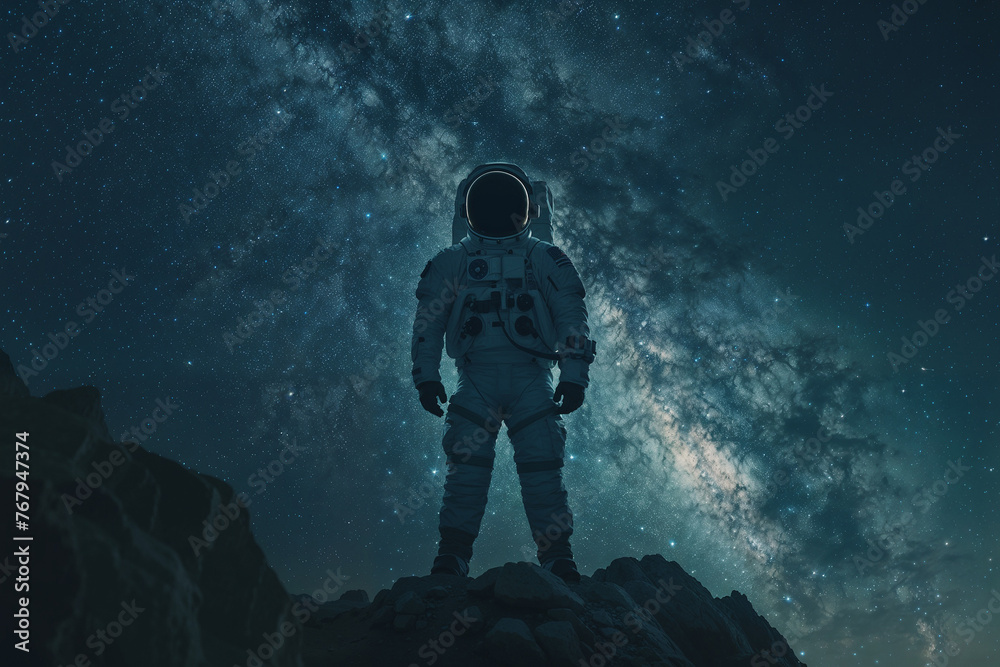 Astronaut on the unknown planet with starry sky on the background. Generative ai Astronaut on the unknown planet with starry sky on the background. Generative ai