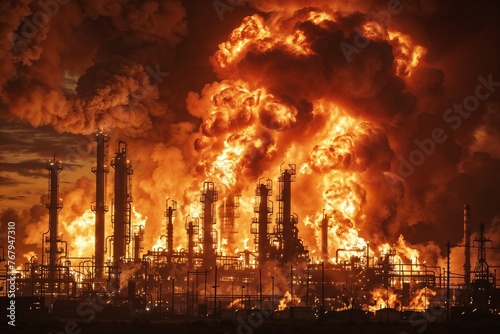 Close-Up of Burning Oil Refinery Plant. Generative ai