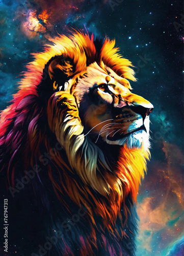 Cosmic King  Vibrant Lion in the Universe