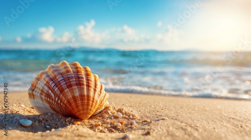Seashell on Sandy Beach with Ocean in Background. Generative ai