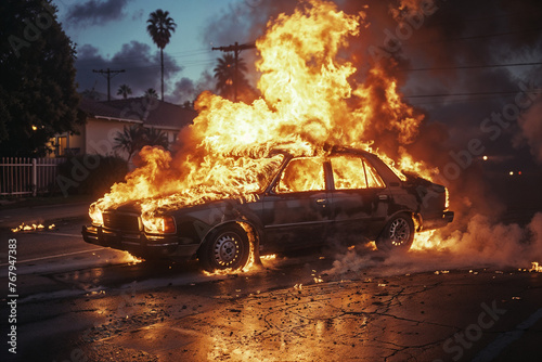 Dramatic Scene: Burning Car Engulfed in Flames on Street. Generative ai