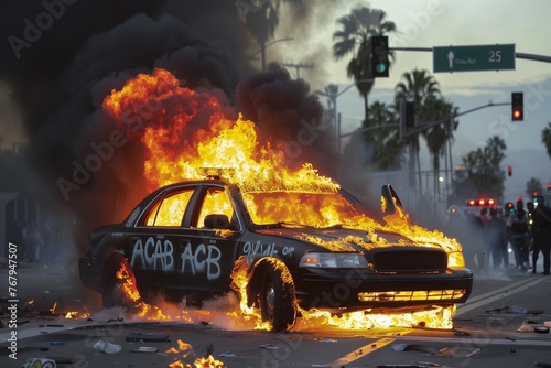 Burning Police Car Amid Mass Riots with Protesters. Generative ai © Andrii