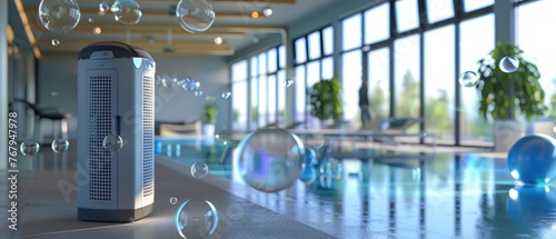 Air purifier at a fitness center, bubbles safeguarding health by purging the air of virus threats, 3D illustration photo