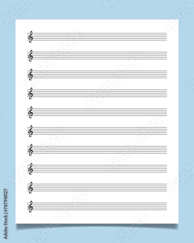 Blank sheet music manuscript paper with treble clef. Ideal for any musician, composer or songwriter.
