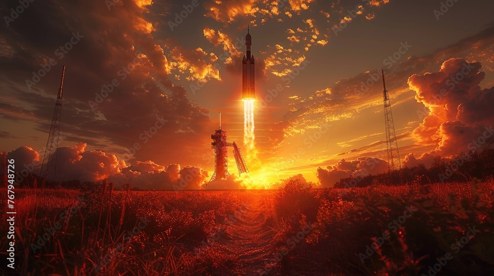 sunset over the river, explore the concept of striking image featuring a spectacular rocket launch at sunrise