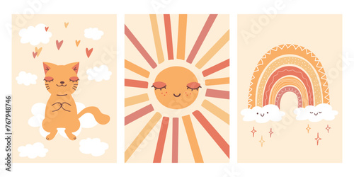 Decorations in Scandinavian style. Cat sitting on a cloud, sun and rainbow. Cartoon childish design for nursery, kids room, baby shower. Vector illustration