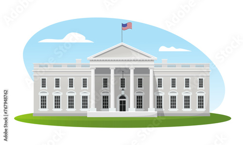 Main entrance of White House building illustration.
