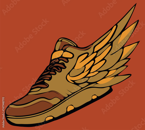 Digital illustration of a brown sneaker with a wing on a maroon background