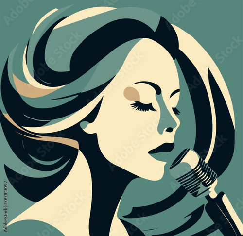 Vector of a female singer on stage with a microphone in her hand