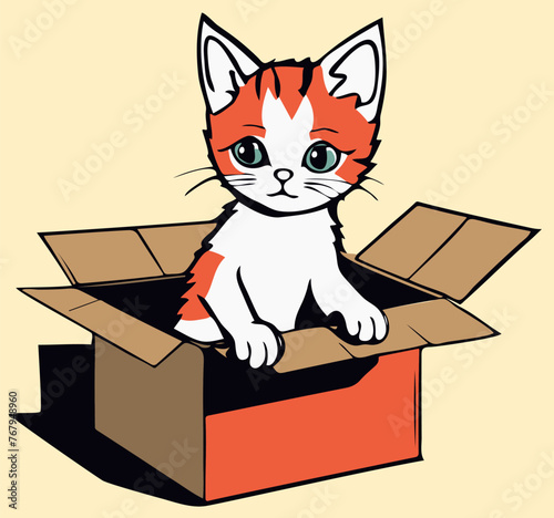 Vector of a kitten peeking out of a cardboard box, with its front paws resting on the rim