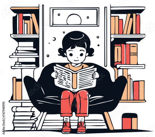 Digital illustration of a cartoon girl reading a book near shelves