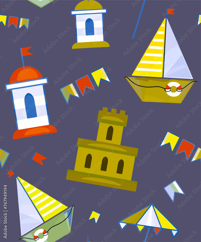 Vector color pattern, background with marine art. Ship, sea castle, sailboat, boat, sand castle, flags and beaconsAdobe Illustrator Artwork