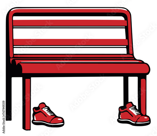 Vector illustration of red bench with red shoes on the white backdrop - stop violence against women