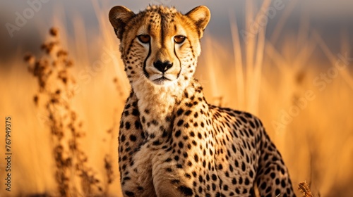 A cheetah is standing in tall grass  looking at the camera