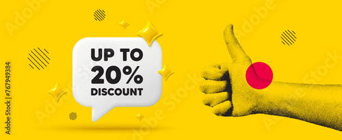 Hand showing thumb up like sign. Up to 20 percent discount. Sale offer price sign. Special offer symbol. Save 20 percentages. Discount tag chat box 3d message. Grain dots hand. Vector