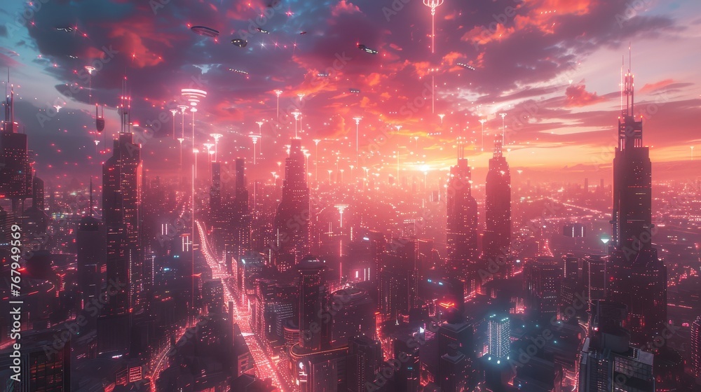 A bustling, neon-lit futuristic cityscape at twilight, with secure, glowing mobile access points floating above the streets, symbolizing passwordless access in urban life. - obrazy, fototapety, plakaty 