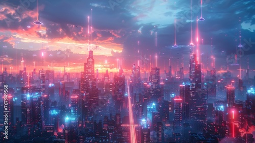 A bustling  neon-lit futuristic cityscape at twilight  with secure  glowing mobile access points floating above the streets  symbolizing passwordless access in urban life.
