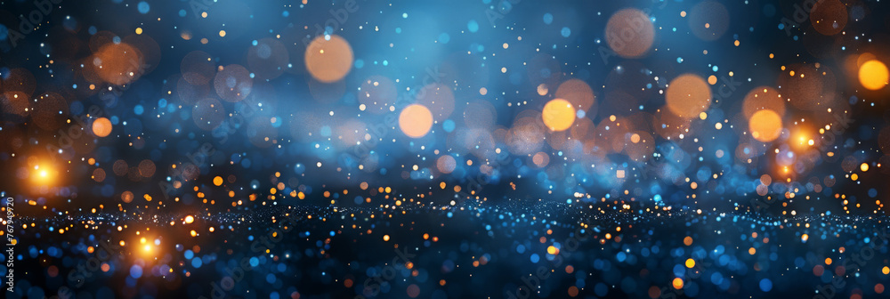 Obraz premium Christmas background with lights.golden glowing stars, and starry garland decoration. Christmas greeting cards, postcards, banners, Happy New Year Celebration Sparkles