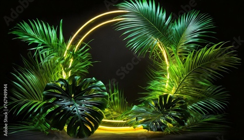 a visually striking design template featuring a dynamic arrangement of modern neon glowing lights and neon green palm tropical leaves on a dramatic black background. Create an elegant frame with suffi