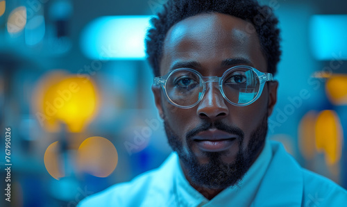 Portrait of handsome young scientist in lab coat and round glasses