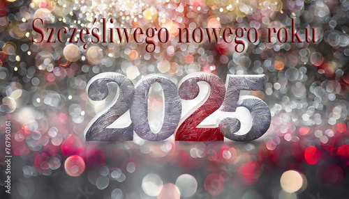 karta lub baner z życzeniami szczęśliwego nowego roku 2025 w kolorze srebrnym i czerwonym na czerwono-srebrnym tle z efektem bokeh