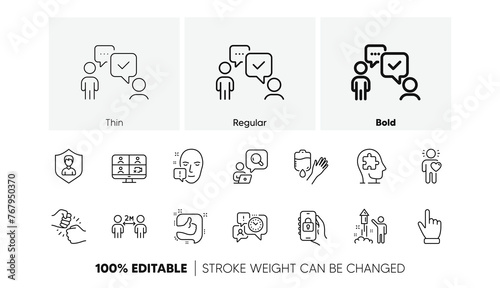 Time management, Inspect and Video conference line icons. Pack of Blood, Cursor, Locked app icon. Mental conundrum, Face attention, Fist bump pictogram. Security agency. Line icons. Vector