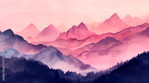 Watercolor background of a silhouette of pink mountains in the mysterious fog