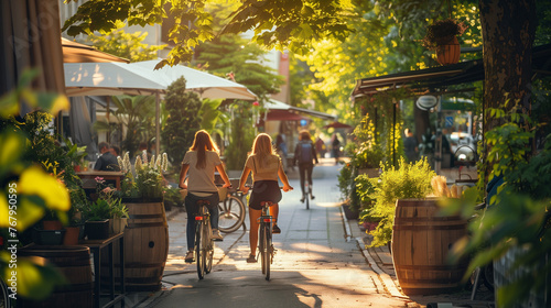 A photo of two women riding bicycles in Berlin, back view, on a sunny day, with green trees and plants around them, on a street with an outdoor cafe, with a nearby wooden barrel, a white umbrella, in 