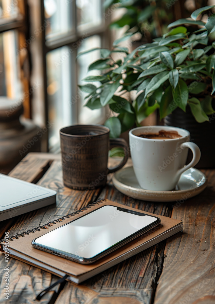 Cup of coffee notebook smartphone and cup of tea on wooden table in cafe Cup of coffee notebook smartphone and cup of tea on wooden table in cafe