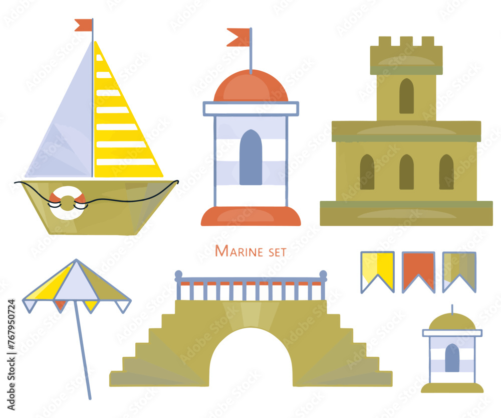 Naklejka premium Adobe IllustraVector color illustration from a marine art set. Ship, sea castle, sailboat, boat, sand castle, flags and beaconstor Artwork