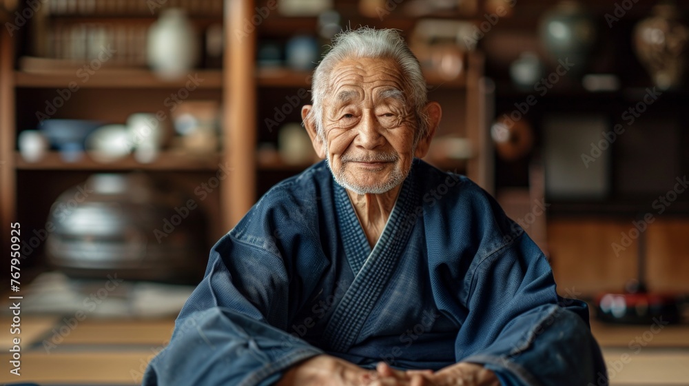 Elderly aikido master wearing kimono sitting in training room. Elderly aikido master wearing kimono sitting in training room.