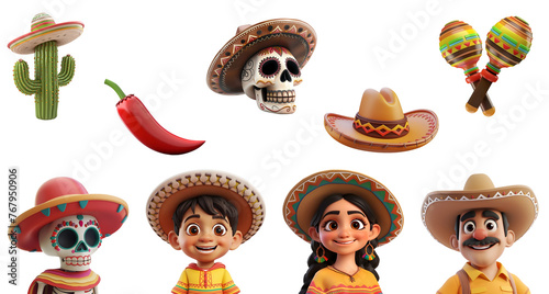 Fototapeta 3D Render of Simple Cartoon Mexican Elements for Decoration of Cinco de Mayo and Day of the Dead, Isolated on Transparent Background, PNG