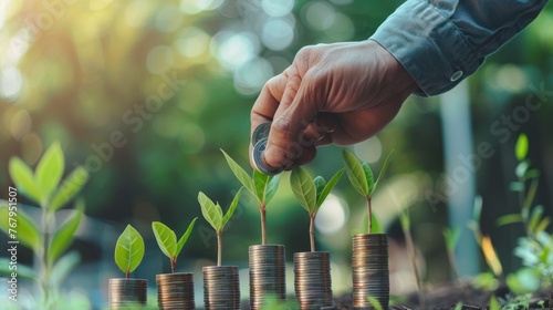 An individual's hand stacking coins with small plants growing on them, symbolizing financial growth and investment in sustainable practices photo