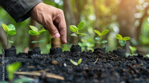 A well-dressed man planting a coin among a row of sprout plants in fertile soil, symbolizing investment and growth