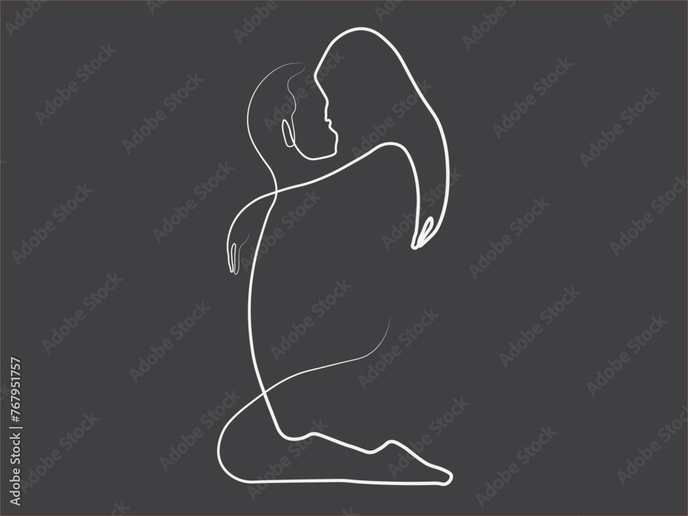 Vector illustration of an outlined couple in a romantic embrace, isolated on a black background