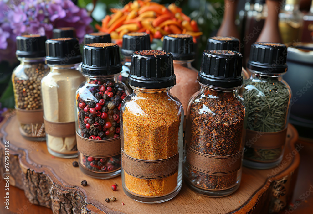 Spices and herbs in glass jars on wooden table Spices and herbs in glass jars on wooden table