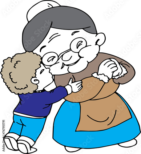 Digital illustration of a cute grandson kissing his grandmother