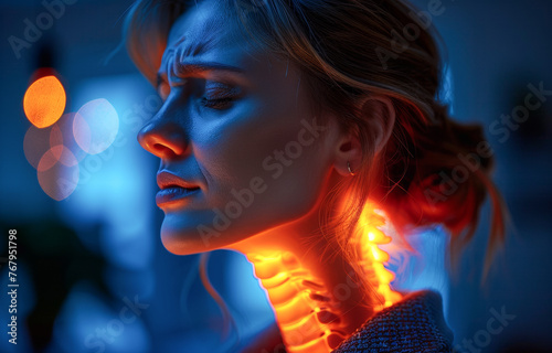 Woman having neck pain and neck injury painful area highlighted in red on dark background