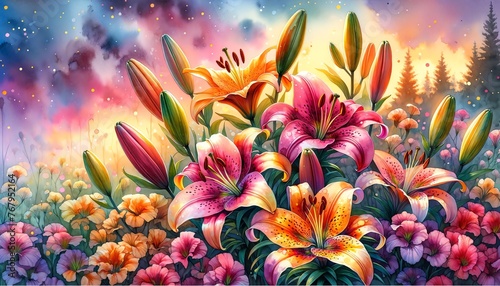 Vibrant Watercolor Painting of ‘Casablanca’ Oriental Lily Flowers