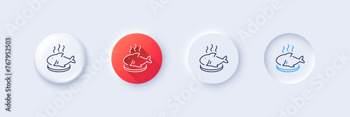 Fish dish line icon. Neumorphic, Red gradient, 3d pin buttons. Seafood plate sign. Healthy food symbol. Line icons. Neumorphic buttons with outline signs. Vector