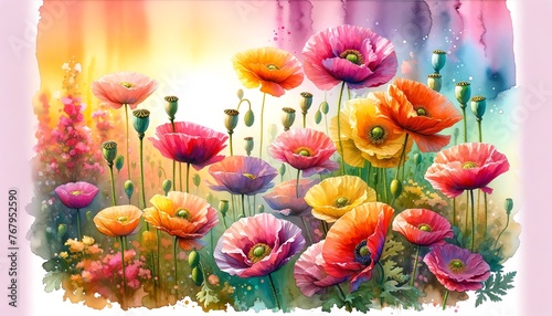 Vibrant Watercolor Painting of Breadseed Poppy Flowers photo