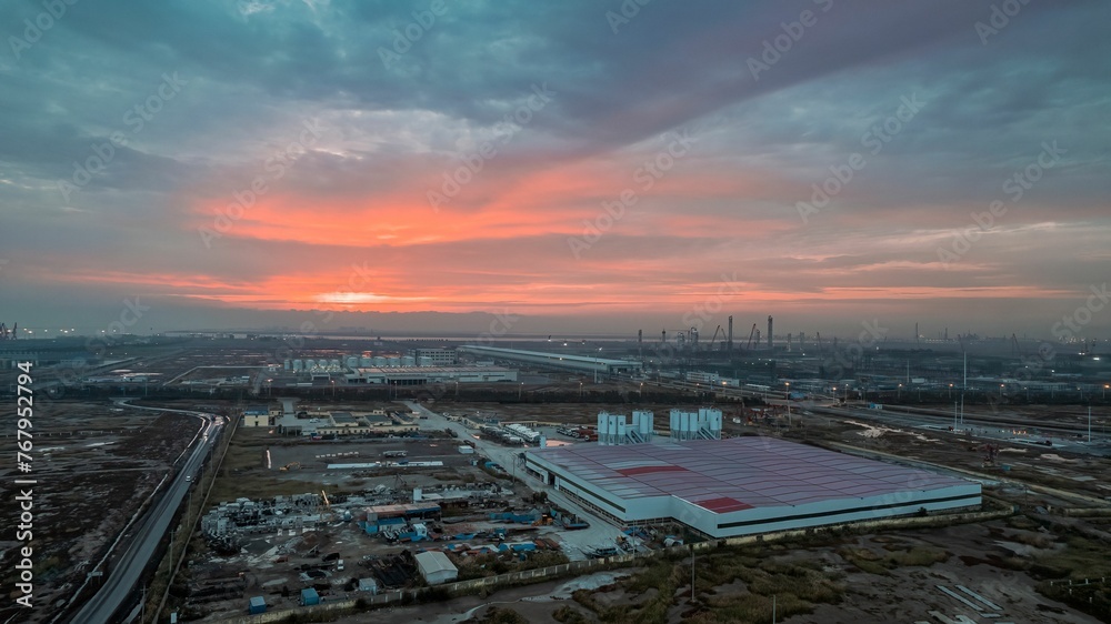 Aerial view of an industrial area in Dagang Oilfield, Binhai New Area, Tianjin, China at sunrise