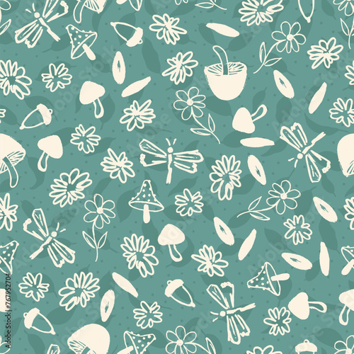 Hand Sketched Small Nature Elements Vector Seamless Pattern
